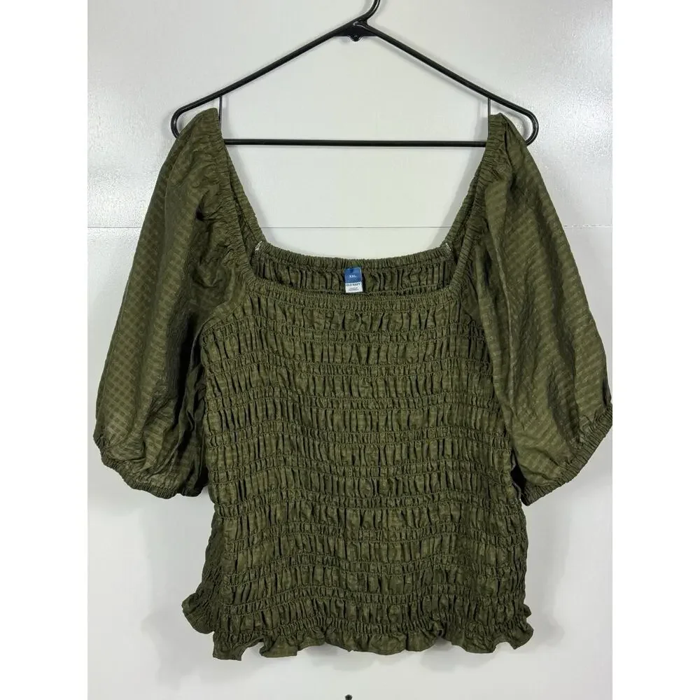 Old Navy Smocked Peasant‎ Top Womens XXL Olive Puff Sleeve Boho Blouse
